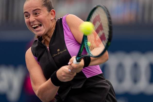 TORONTO, ON - AUGUST 08: Jelena Ostapenko of Latvia hits a shot during her second round match of the National Bank Open, part of the WTA, Tennis Damen Tour, at Sobeys Stadium on August 8, 2024 in Toronto, Canada. (Photo by Julian Avram Icon Sportswire) TENNIS: AUG 08 National Bank Open EDITORIAL USE ONLY Icon2408080340