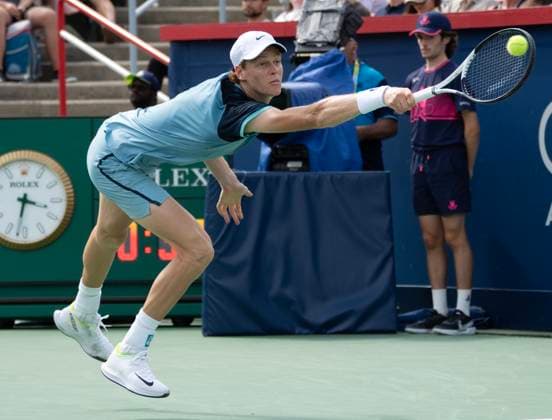 August 8, 2024, Montreal, Pq, Canada: Italy s Jannik Sinner lunges for a shot from Croatia s Borna Coric during their second round match at the National Bank Open tennis Thursday, August 8, 2024 in Montreal. Sinner won the match in straight sets. Jannik Sinner,  - ZUMAc35_ 20240808_zaf_c35_150 Copyright: xRyanxRemiorzx