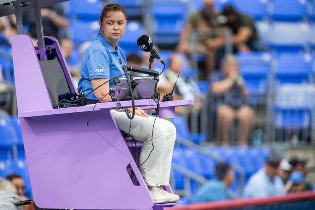 August 8, 2024, Montreal, Quebec, Canada: Woman referee on her purple chair, color of equity in match between Flavio Cobolli from Italia and Arthur Rinderknech from France in second round of Canadian Open at IGA Stadium in Montreal, Quebec, Canada Montreal Canada - ZUMAl189 20240808_zsp_l189_079 Copyright: xYannickxLegarex