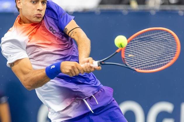 August 8, 2024, Montreal, Quebec, Canada: Close up of FLAVIO COBOLLI from Italia returning ball in first set against Arthur Rinderknech from Francein second round of Canadian Open at IGA Stadium in Montreal, Quebec, Canada Montreal Canada - ZUMAl189 20240808_zsp_l189_085 Copyright: xYannickxLegarex