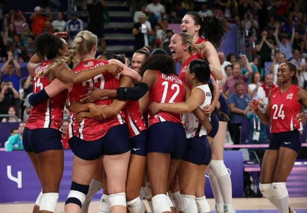 Team USA celebrates its win against Team Brazil at the end of their Women s Volleyball semi-final of the 2024 Summer Olympics at the South Arena, in Paris, France, on Thursday, August 8, 2024. Team USA qualified for the final.  OLY20240808607 MAYAxVIDON-WHITE