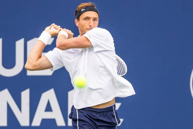 August 8, 2024, Montreal, Quebec, Canada: ARTHUR RINDERKNECH from France returning ball in first set against Flavio Cobolli from Italia in second round of Canadian Open at IGA Stadium in Montreal, Quebec, Canada Montreal Canada - ZUMAl189 20240808_zsp_l189_081 Copyright: xYannickxLegarex
