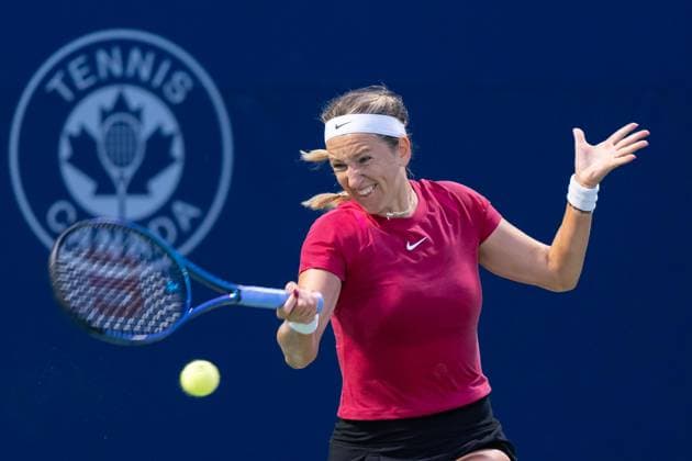 TORONTO, ON - AUGUST 08: Victoria Azarenka of Russia hits a shot during her second round match of the National Bank Open, part of the WTA, Tennis Damen Tour, at Sobeys Stadium on August 8, 2024 in Toronto, Canada. (Photo by Julian Avram Icon Sportswire) TENNIS: AUG 08 National Bank Open EDITORIAL USE ONLY Icon2408080435