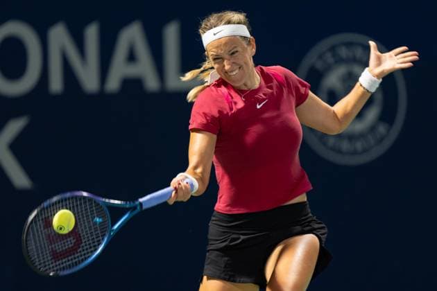 TORONTO, ON - AUGUST 08: Victoria Azarenka of Russia hits a shot during her second round match of the National Bank Open, part of the WTA, Tennis Damen Tour, at Sobeys Stadium on August 8, 2024 in Toronto, Canada. (Photo by Julian Avram Icon Sportswire) TENNIS: AUG 08 National Bank Open EDITORIAL USE ONLY Icon2408080460