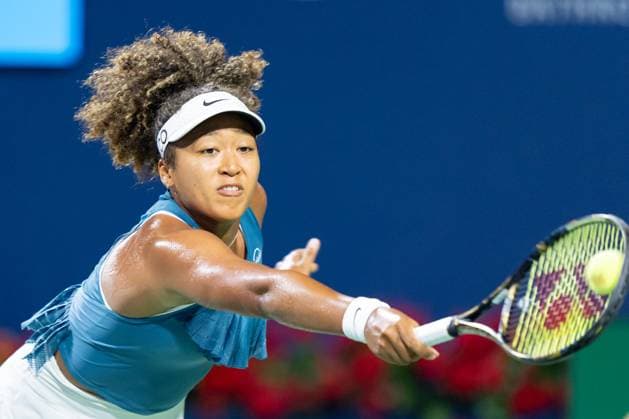 TORONTO, ON - AUGUST 08: Naomi Osaka of Japan hits a shot during her second round match of the National Bank Open, part of the WTA, Tennis Damen Tour, at Sobeys Stadium on August 8, 2024 in Toronto, Canada. (Photo by Julian Avram Icon Sportswire) TENNIS: AUG 08 National Bank Open EDITORIAL USE ONLY Icon2408080475
