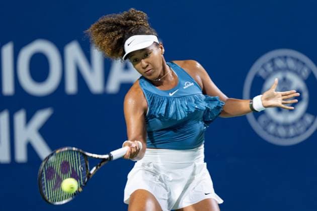 TORONTO, ON - AUGUST 08: Naomi Osaka of Japan hits a shot during her second round match of the National Bank Open, part of the WTA, Tennis Damen Tour, at Sobeys Stadium on August 8, 2024 in Toronto, Canada. (Photo by Julian Avram Icon Sportswire) TENNIS: AUG 08 National Bank Open EDITORIAL USE ONLY Icon2408080486