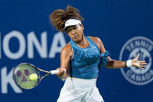TORONTO, ON - AUGUST 08: Naomi Osaka of Japan hits a shot during her second round match of the National Bank Open, part of the WTA, Tennis Damen Tour, at Sobeys Stadium on August 8, 2024 in Toronto, Canada. (Photo by Julian Avram Icon Sportswire) TENNIS: AUG 08 National Bank Open EDITORIAL USE ONLY Icon2408080497