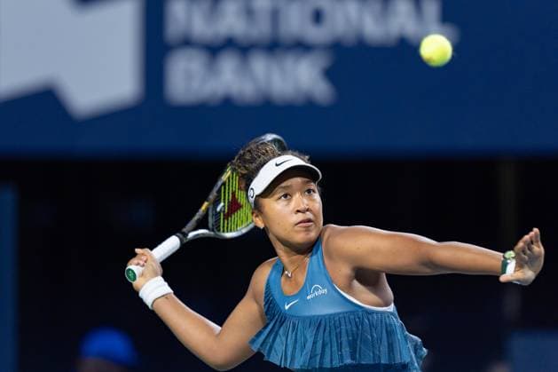 TORONTO, ON - AUGUST 08: Naomi Osaka of Japan hits a shot during her second round match of the National Bank Open, part of the WTA, Tennis Damen Tour, at Sobeys Stadium on August 8, 2024 in Toronto, Canada. (Photo by Julian Avram Icon Sportswire) TENNIS: AUG 08 National Bank Open EDITORIAL USE ONLY Icon2408080506