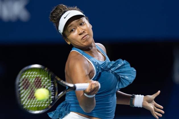 TORONTO, ON - AUGUST 08: Naomi Osaka of Japan hits a shot during her second round match of the National Bank Open, part of the WTA, Tennis Damen Tour, at Sobeys Stadium on August 8, 2024 in Toronto, Canada. (Photo by Julian Avram Icon Sportswire) TENNIS: AUG 08 National Bank Open EDITORIAL USE ONLY Icon2408080508