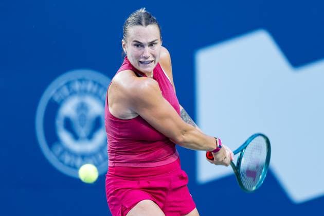 TORONTO, ON - AUGUST 08: Aryna Sabalenka of Russia hits a shot during her second round match of the National Bank Open, part of the WTA, Tennis Damen Tour, at Sobeys Stadium on August 8, 2024 in Toronto, Canada. (Photo by Julian Avram Icon Sportswire) TENNIS: AUG 08 National Bank Open EDITORIAL USE ONLY Icon2408080396