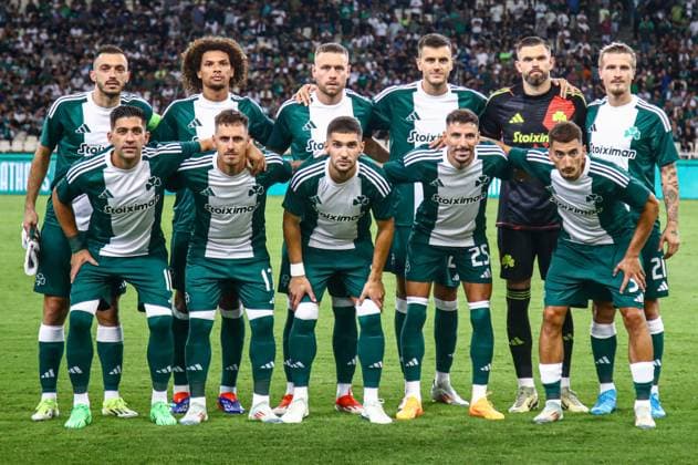 2024-08-08 Panathinaikos FC v AFC Ajax - Europa League Qualifier Third Round - 1st leg ATHENS, NETHERLANDS - AUGUST 8: goalkeeper Bartomiej Dragowski of Panathinaikos FC, Giannis Kotsiras of Panathinaikos FC, Sverrir Ingi Ingason of Panathinaikos FC, Tin Jedvaj of Panathinaikos FC, Filip Mladenovic of Panathinaikos FC, Adam Gnezda Cerin of Panathinaikos FC, Willian Arao of Panathinaikos FC, Daniel Mancini of Panathinaikos FC, Anastasios Bakasetas of Panathinaikos FC, Filip Duricic of Panathinaikos FC, Alexander Jeremejeff of Panathinaikos FC posing for a team photo during the Europa League Qualifier Third Round - 1st leg match between Panathinaikos FC and AFC Ajax at Olympic Stadium Spyridon Louis on August 8, 2024 in Athens, Netherlands. Athens Olympic Stadium Spyridon Louis Netherlands Content not available for redistribution in The Netherlands directly or indirectly through any third parties. Copyright: xx