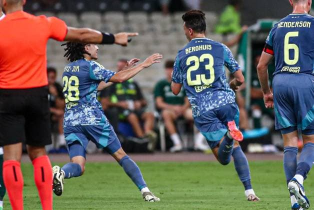2024-08-08 Panathinaikos FC v AFC Ajax - Europa League Qualifier Third Round - 1st leg ATHENS, NETHERLANDS - AUGUST 8: Kian Fitz-Jim of AFC Ajax, Steven Berghuis of AFC Ajax celebrate the first goal during the Europa League Qualifier Third Round - 1st leg match between Panathinaikos FC and AFC Ajax at Olympic Stadium Spyridon Louis on August 8, 2024 in Athens, Netherlands. Athens Olympic Stadium Spyridon Louis Netherlands Content not available for redistribution in The Netherlands directly or indirectly through any third parties. Copyright: xx