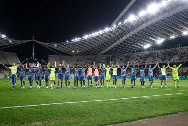 2024-08-08 Panathinaikos FC v AFC Ajax - Europa League Qualifier Third Round - 1st leg ATHENS, NETHERLANDS - AUGUST 8: players of AFC Ajax celebrate the win during the Europa League Qualifier Third Round - 1st leg match between Panathinaikos FC and AFC Ajax at Olympic Stadium Spyridon Louis on August 8, 2024 in Athens, Netherlands. Athens Olympic Stadium Spyridon Louis Netherlands Content not available for redistribution in The Netherlands directly or indirectly through any third parties. Copyright: xx