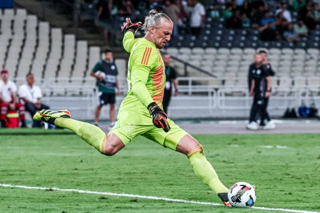2024-08-08 Panathinaikos FC v AFC Ajax - Europa League Qualifier Third Round - 1st leg ATHENS, NETHERLANDS - AUGUST 8: goalkeeper Remko Pasveer of AFC Ajax takes a shot during the Europa League Qualifier Third Round - 1st leg match between Panathinaikos FC and AFC Ajax at Olympic Stadium Spyridon Louis on August 8, 2024 in Athens, Netherlands. Athens Olympic Stadium Spyridon Louis Netherlands Content not available for redistribution in The Netherlands directly or indirectly through any third parties. Copyright: xx