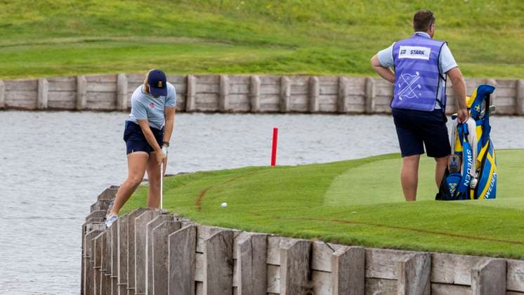 PARIS, FRANCE 20240808 Swedens Maja Stark was inches away from entering the water on the first hole Here she is tapping the ball during the third day of the womens golf competition at Le Golf National during the Summer Olympics in Paris PARIS FRANCE Olympics x4035x  Copyright: xChristerxHöglund TTx OS 2024 GOLF