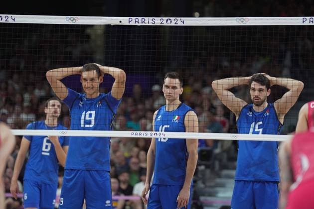 Italy team during Men s Volleyball Bronze Medal Match Italy vs USA at the 2024 Summer Olympics , Friday , August 9 , 2024, in Paris, France.  Copyright: xSpada LaPressex