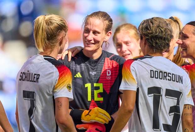 Ann-Katrin Berger, goalkeeper DFB Frauen 12 celebrate after the women Olympic Bronze Medal match GERMANY - SPAIN 1-0 at Stade de Lyon in Lyon at Aug 9, 2024 in Lyon, France. Season 2024 2025