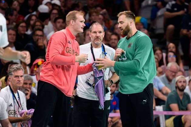 Paris, France Handball Olympic Mens Semifinal Germany Spain from left Goalkeeper David Späth David Spaeth Germany , Goalkeeping Coach Mattias Andersson Germany , Goalkeeper Andreas Wolff Germany Lille Stade Pierre Mauroy France