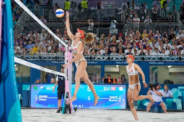 PARIS, FRANCE AUGUST 9 Nina Brunner of Switzerland jumps up during the Women s Bronze Medal Match between Australia and Switzerland on day fourteen of the Olympic Games Paris 2024 at Stade Eiffel Champ de Mars on August 9, 2024 in Paris, France Paris France Copyright: xJustPictures.ch DanielaxPorcellix jp-en-EuSpIm-20240809-_DP21946