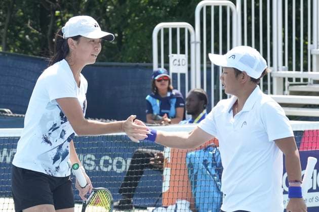 August 9, 2024, Toronto, On, CAN: China s Jiang Xinyu (right) celebrates a point with her doubles partner, Taiwan s Wu Fang-Hsien as they take on the United States Bethanie Mattek-Sands and Sofia Kenin at the National Bank Open in Toronto on Friday, August 9, 2024. Jiang Xinyu; Wu Fang-Hsien  - ZUMAc35_ 20240809_zaf_c35_146 Copyright: xChrisxYoungx