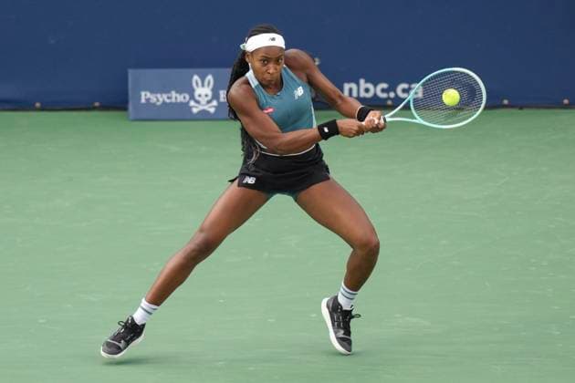 August 9, 2024, Toronto, On, CAN: Coco Gauff of the United States hits a return to Diana Shnaider of Russia at the National Bank Open in Toronto on Friday, August 9, 2024. Coco Gauff  - ZUMAc35_ 20240809_zaf_c35_192 Copyright: xChrisxYoungx