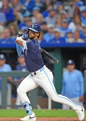 AUG 9, 2024: Kansas City Royals outfielder MJ Melendez (1) drives a pitch down the left field line at Kauffman Stadium Kansas City, Missouri. CSM. Kansas City United States - ZUMAc04_ 20240809_zma_c04_286 Copyright: xJonxRobichaudx