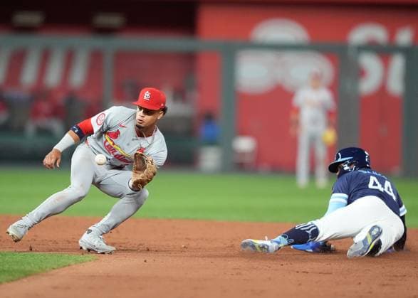 AUG 9, 2024: St. Louis Cardinals shortstop Masyn Winn (0) takes the trow to 2nd base after Kansas City Royals outfielder Dairon Blanco (44) has slid safely at Kauffman Stadium Kansas City, Missouri. CSM. Kansas City United States - ZUMAc04_ 20240809_zma_c04_287 Copyright: xJonxRobichaudx