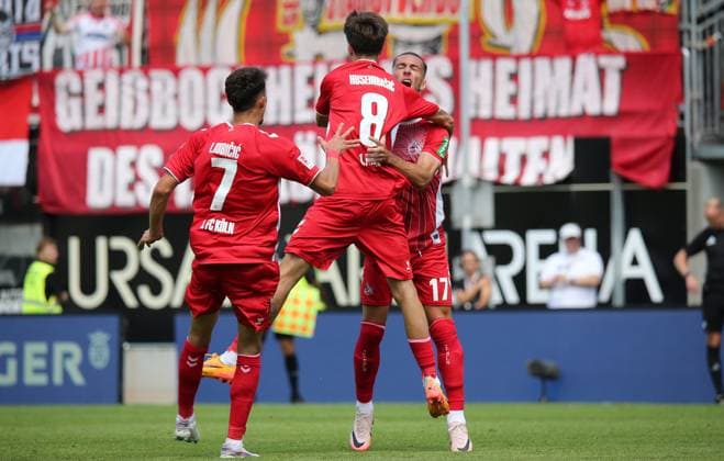 10 08 2024, xmohx, Soccer 2 Bundesliga, SV Elversberg 1 FC Köln emspor, v l Läön celebrates the 1 0 by Denis Huseinbasic DFL DFB REGULATIONS PROHIBIT ANY USE OF PHOTOGRAPHS as IMAGE SEQUENCES and or QUASI VIDEO Elversberg