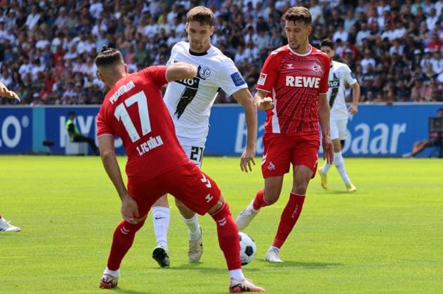10 08 2024, Football, Men, 2 Bundesliga, Season 2024 2025, SV 07 Elversberg 1 FC Köln, Paul Stock SV 07 Elversberg , Leart Paqarada 1 FC Koeln , Dejan Ljubicic 1 FC Koeln Elversberg Ursapharm Arena an der Kaiserlinde Saarland Germany EN Copyright: xSebastianxBachx