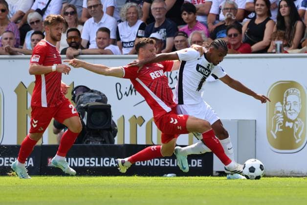 10 08 2024, Football, Men, 2 Bundesliga, Season 2024 2025, SV 07 Elversberg 1 FC Köln, Filimon Gerezgiher SV 07 Elversberg , Eric Martel 1 FC Koeln Elversberg Ursapharm Arena an der Kaiserlinde Saarland Germany EN Copyright: xSebastianxBachx