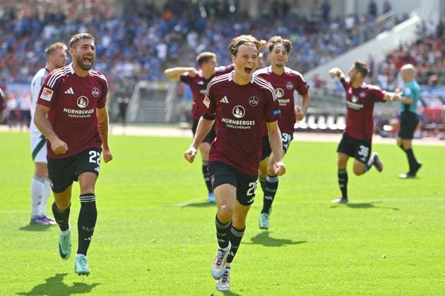 Goal celebration Caspar JANDER 1 FC Nuernberg after goal to 1 1,jubilation,joy,enthusiasm, action soccer 2 Bundesliga 1 FC Nuernberg FC Schalke 04 2 matchday on 10 08 2023 Max Morlock Stadium Nuernberg, season 2024 25