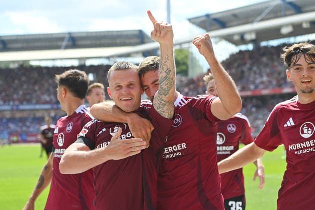 Goal celebration Nuremberg after goal to 1 1, ,Cheering,Joy,Enthusiasm, Action Soccer 2 Bundesliga 1 FC Nuremberg FC Schalke 04 2 Matchday on 10 08 2023 Max Morlock Stadium Nuremberg, Season 2024 25