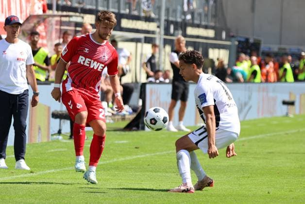 10 08 2024, Football, Men, 2 Bundesliga, Season 2024 2025, SV 07 Elversberg 1 FC Köln, Frederik Schmahl SV 07 Elversberg , Jan Thielmann 1 FC Koeln Elversberg Ursapharm Arena an der Kaiserlinde Saarland Germany EN Copyright: xSebastianxBachx