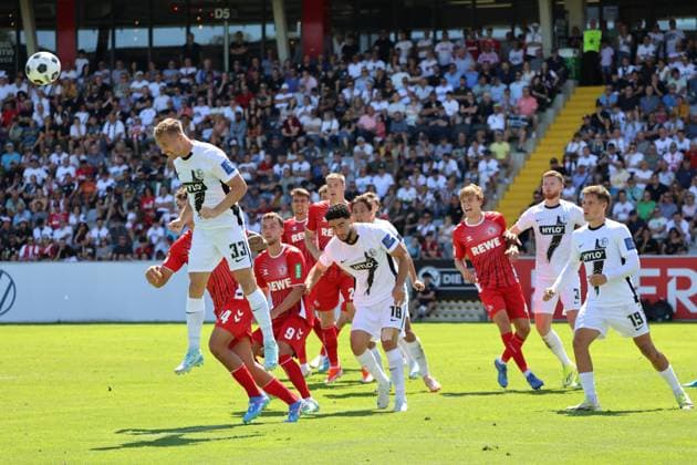 10 08 2024, Football, Men, 2 Bundesliga, Season 2024 2025, SV 07 Elversberg 1 FC Köln, Maurice Neubauer SV 07 Elversberg , Mohammad Mahmoud SV 07 Elversberg , Luca Waldschmidt 1 FC Koeln , Timo Huebers 1 FC Koeln Elversberg Ursapharm Arena an der Kaiserlinde Saarland Germany EN Copyright: xSebastianxBachx