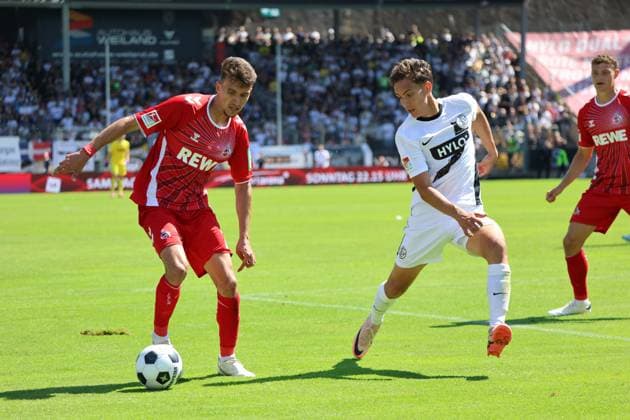 10 08 2024, Football, Men, 2 Bundesliga, Season 2024 2025, SV 07 Elversberg 1 FC Köln, Frederik Schmahl SV 07 Elversberg , Dejan Ljubicic 1 FC Köln Elversberg Ursapharm Arena an der Kaiserlinde Saarland Germany EN Copyright: xSebastianxBachx