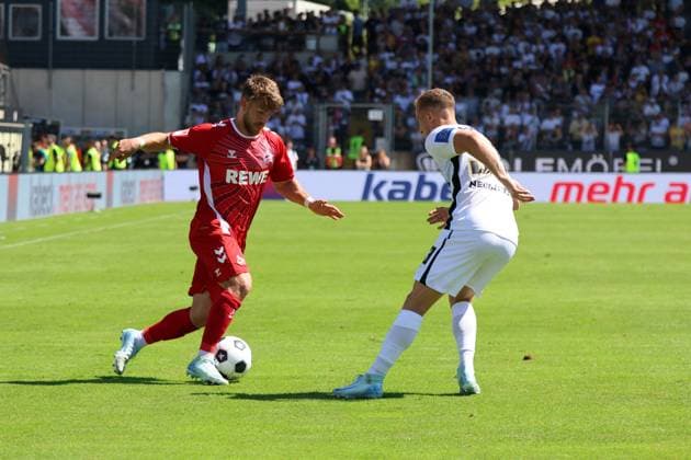 10 08 2024, Football, Men, 2 Bundesliga, Season 2024 2025, SV 07 Elversberg 1 FC Köln, Maurice Neubauer SV 07 Elversberg , Jan Thielmann 1 FC Koeln Elversberg Ursapharm Arena an der Kaiserlinde Saarland Germany EN Copyright: xSebastianxBachx