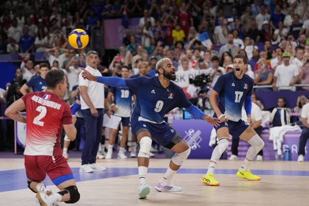 Paris 2024 - France Wins Gold In Volleyball Earvin Ngapeth (9) and Trevor Clevenot (17) at the men s volleyball gold medal match between France and Poland during the Paris 2024 Olympic Games, Olympische Spiele, Olympia, OS at the South Paris Arena 1 in Paris, France on August 10, 2024. Photo by Nicolas Gouhier ABACAPRESS.COM Paris France  Copyright: xNicolasxGouhier ABACAx