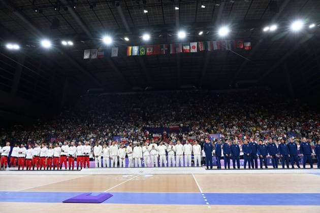 Team Poland and French and USA, volleyball, men’s finall during the Olympic Games, Olympische Spiele, Olympia, OS Paris 2024 JO 2024 : VOLLEYBALL - France vs Pologne - Finale hommes - Jeux Olympiques 2024 - Paris2024 - Paris - 10 08 2024 DPPI Panoramic 