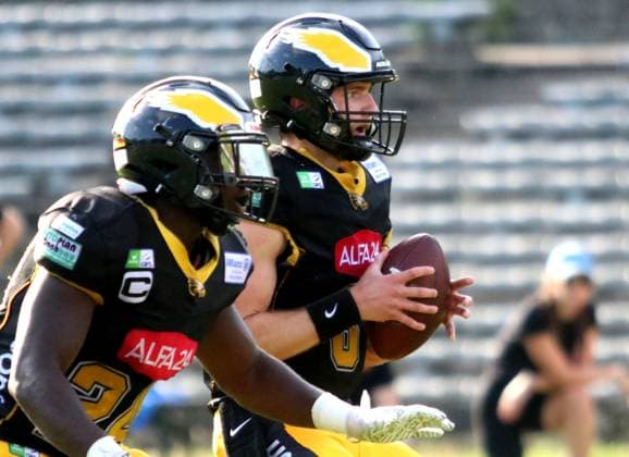 American Football GFL Berlin Adler Potsdam Royals 10 08 2024 v l 24 Chrisman Kyei and 8 Hendrik Scharnbacher Berlin Adler Copyright: xmix1pressx