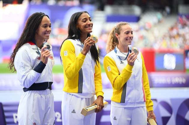 Paris 2024 Olympic Games, Olympische Spiele, Olympia, OS - 10 08 2024 PARIS, FRANCE - AUGUST 10 : Thiam Nafissatou (BEL) Athletics and Vidts Noor (BEL) Athletics during the Heptathlon medal ceremony the XXXIII Paris 2024 Summer Olympic Games on August 10, 2024 in Paris, France, 10 08 2024 Paris France  Copyright: xVincentxKalutx