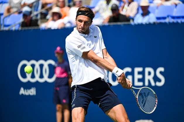 MONTREAL, QC - AUGUST 10: Arthur Rinderknech (FRA) returns the ball during a second round match at ATP, Tennis Herren National Bank Open on August 10, 2024 at IGA Stadium in Montreal, QC (Photo by David Kirouac Icon Sportswire) TENNIS: AUG 10 National Bank Open EDITORIAL USE ONLY Icon240810012
