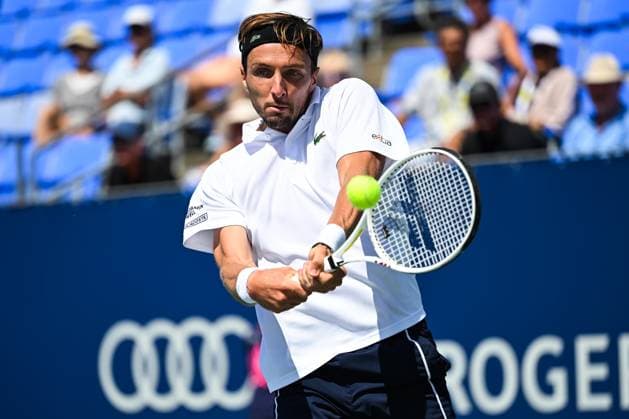 MONTREAL, QC - AUGUST 10: Arthur Rinderknech (FRA) returns the ball during a second round match at ATP, Tennis Herren National Bank Open on August 10, 2024 at IGA Stadium in Montreal, QC (Photo by David Kirouac Icon Sportswire) TENNIS: AUG 10 National Bank Open EDITORIAL USE ONLY Icon240810013
