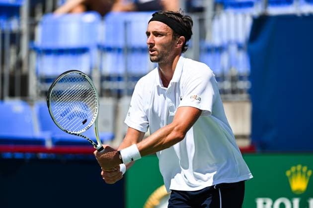 MONTREAL, QC - AUGUST 10: Arthur Rinderknech (FRA) waits for service during a second round match at ATP, Tennis Herren National Bank Open on August 10, 2024 at IGA Stadium in Montreal, QC (Photo by David Kirouac Icon Sportswire) TENNIS: AUG 10 National Bank Open EDITORIAL USE ONLY Icon240810015