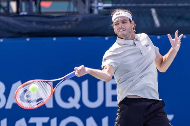 August 10, 2024, Montreal, Quebec, Canada: TAYLOR FRITZ from USA returning ball in first set against SEBASTIAN KORDA from USA in second round of Canadian Open at IGA Stadium in Montreal, Quebec, Canada Montreal Canada - ZUMAl189 20240810_zsp_l189_002 Copyright: xYannickxLegarex