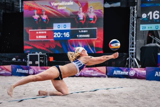 Beach volleyball women Allianz German Beach Tour 2024 Tourstop Kühlungsborn 10 08 2024 Anna Behlen jumps to the ball Kühlungsborn beach at the pier Mecklenburg Western Pomerania Germany