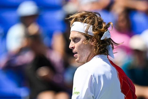 MONTREAL, QC - AUGUST 10: Look on Andrey Rublev during a third round match at ATP, Tennis Herren National Bank Open on August 10, 2024 at IGA Stadium in Montreal, QC (Photo by David Kirouac Icon Sportswire) TENNIS: AUG 10 National Bank Open EDITORIAL USE ONLY Icon240810065