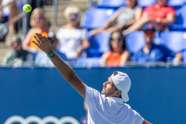 August 10, 2024, Montreal, Quebec, Canada: ANDREY RUBLEV serving in first set against Alexei Popyrin from Australia in third round of Canadian Open at IGA Stadium in Montreal, Quebec, Canada Montreal Canada - ZUMAl189 20240810_zsp_l189_019 Copyright: xYannickxLegarex
