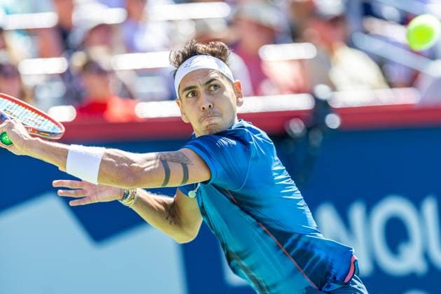 August 10, 2024, Montreal, Quebec, Canada: ALEJANDRO TABILO from Chile backhand shot in second set against Jannik Sinner from Italia in third round of Canadian Open at IGA Stadium in Montreal, Quebec, Canada Montreal Canada - ZUMAl189 20240810_zsp_l189_025 Copyright: xYannickxLegarex