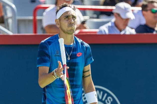August 10, 2024, Montreal, Quebec, Canada: ALEJANDRO TABILO from Chile play with is racket in second set against Jannik Sinner from Italia in third round of Canadian Open at IGA Stadium in Montreal, Quebec, Canada Montreal Canada - ZUMAl189 20240810_zsp_l189_028 Copyright: xYannickxLegarex