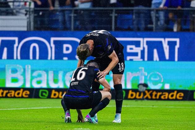 Hertha BSC disappointed disappointment after draw GER, Hamburger SV vs Hertha BSC, Football, 2 Bundesliga, Matchday 2, Season 2024 2025, 10 08 2024 DFL REGULATIONS PROHIBIT ANY USE OF PHOTOGRAPHS AS IMAGE SEQUENCES AND OR QUASI VIDEO GER, Hamburger SV vs Hertha BSC, Football, 2 Bundesliga, Matchday 2, Season 2024 2025, 10 08 2024 Hamburg Copyright: xEibner-Pressefoto MarcelxvonxFehrnx EP_MFN
